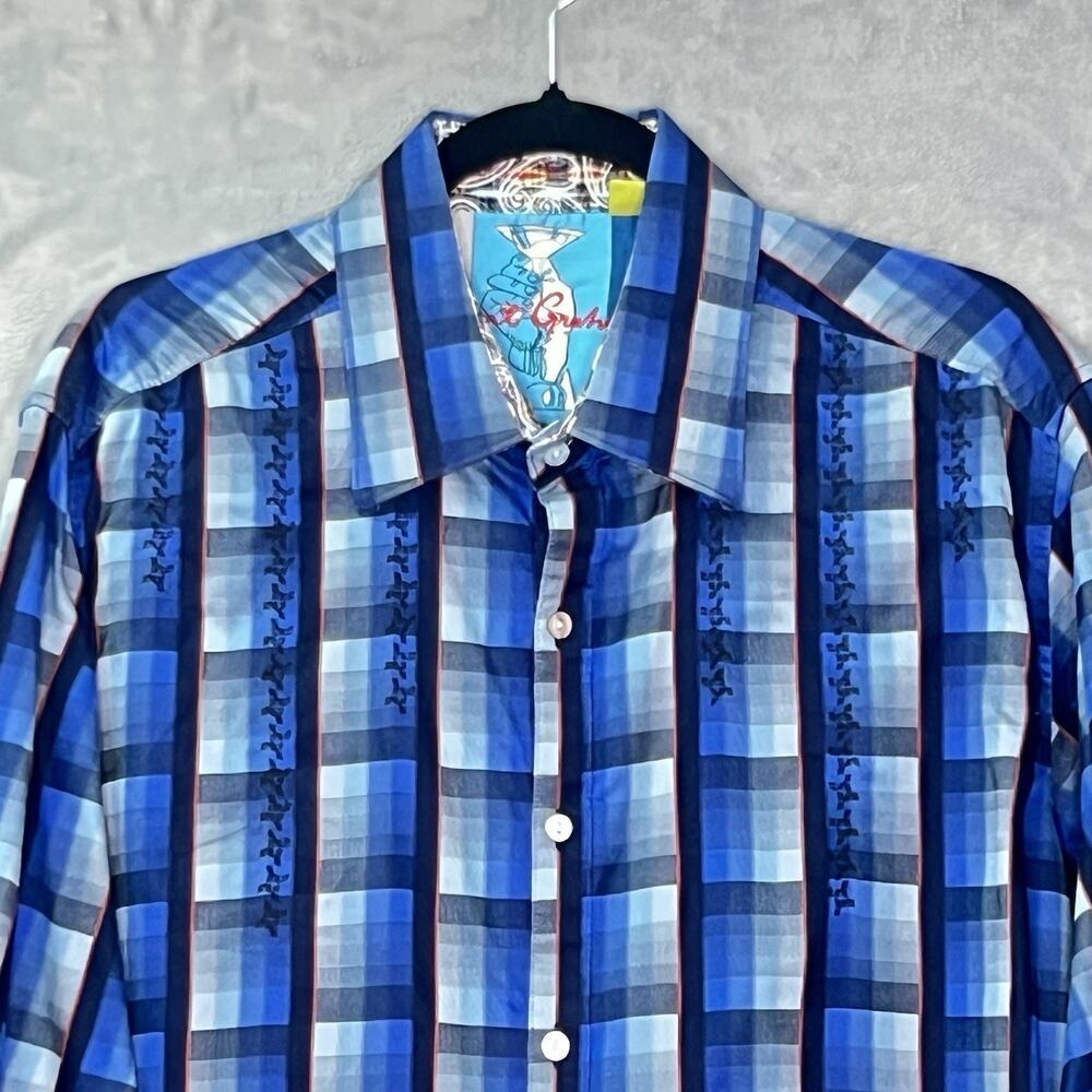 Robert Graham Shirt Mens XL Blue Plaid Flip Cuff Check‎ Classic Fit Embroidered - Picture 3 of 14